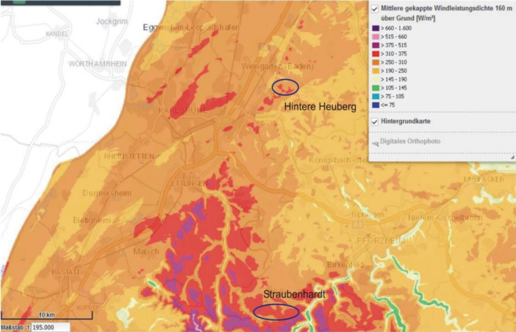 Abb.5 - Karte der Windhöffigkeit für 160 m über Grund nach BW-Windatlas
(Windhöffigkeit angegeben in W/m²)