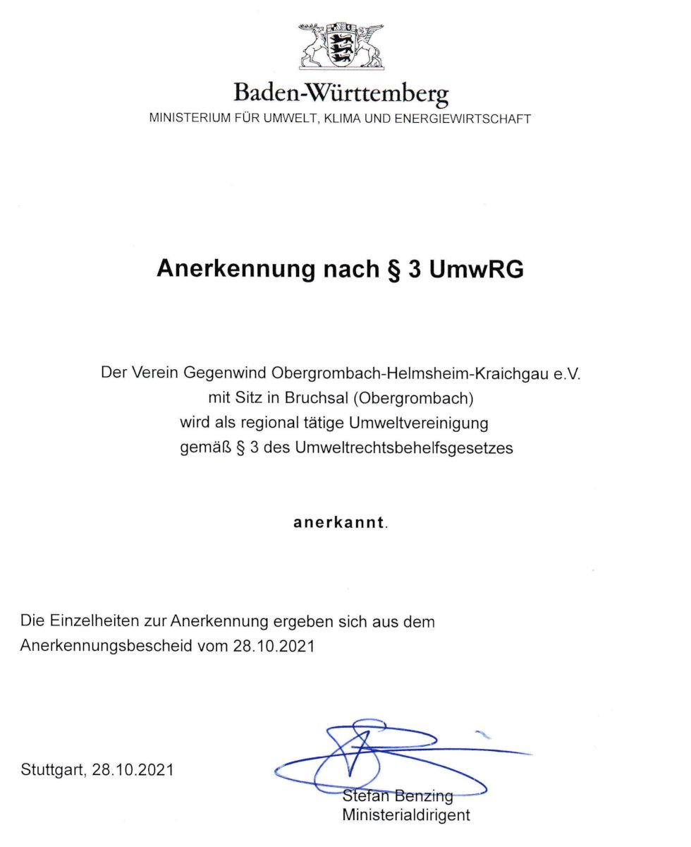 Anerkennungsurkunde nach §3 UmwRG des Ministeriums für Umwelt, Klima und
Energiewirtschaft Baden-Württemberg für 