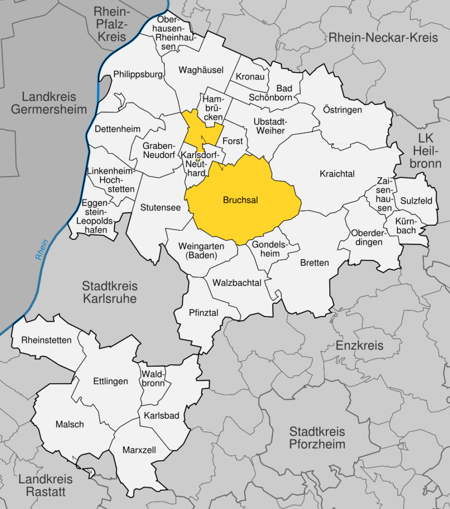  Franzpaul and Kjunix (https://commons.wikimedia.org/wiki/File:Bruchsal_im_Landkreis_Karlsruhe.png), „Bruchsal im Landkreis Karlsruhe“, https://creativecommons.org/licenses/by-sa/3.0/legalcode 